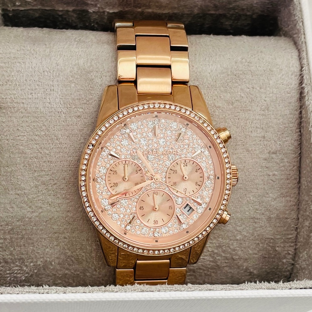 Michael Kors Ritz Chronograph Rose Gold Dial Rose Gold Steel Strap Watch